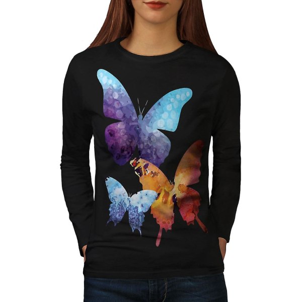 Färgglada fjärilar, svart långärmad t-shirt för kvinnor XL