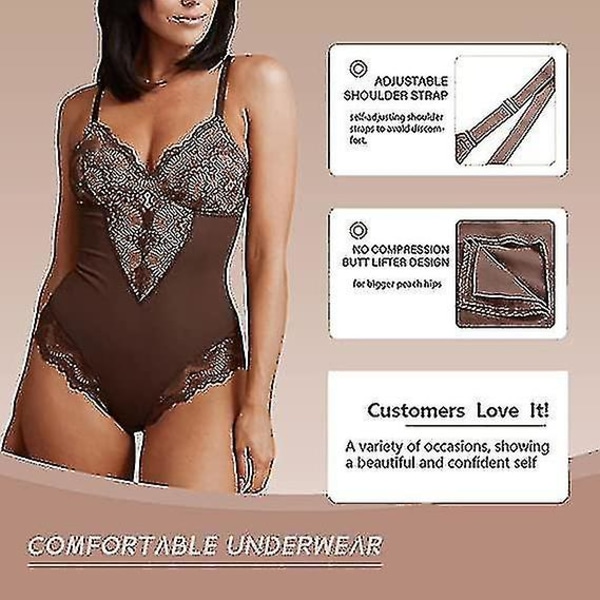 Spetsbody för kvinnor Magkontroll Shapewear V-ringad rygglös kamisole ärmlös smalare toppar Brown S