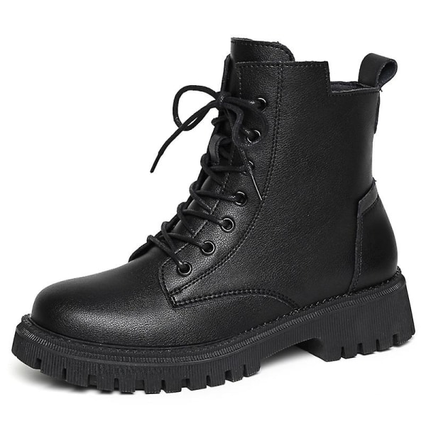 Martin boot för kvinnor korta stövlar med snörning Chunky lågklackat mid-vad stövlar 2K8800 Black 40