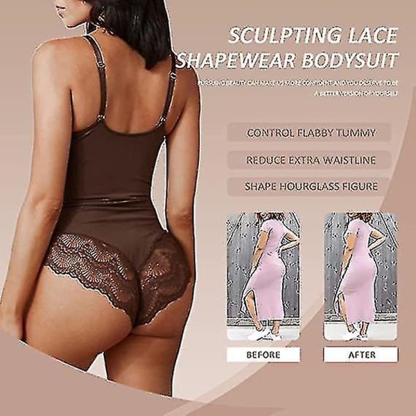 Spetsbody för kvinnor Magkontroll Shapewear V-ringad rygglös kamisole ärmlös smalare toppar Brown XL