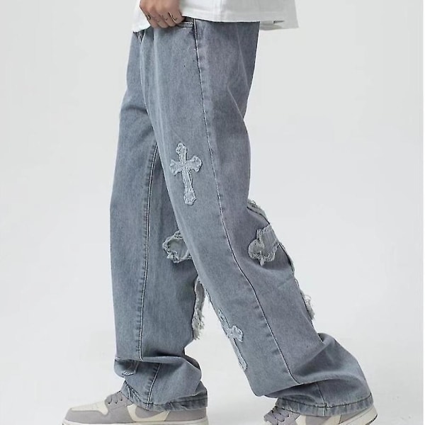 V-hanver Herr Streetwear Baggy Jeans Byxor Cross Hip Hop Herr Lösa Jeans Byxor Dam Oversized Boyfriend Jeans Denim Jeans L