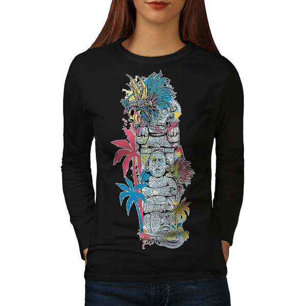 Gammal aztekisk konst vintage svart långärmad t-shirt för kvinnor | Wellcoda S