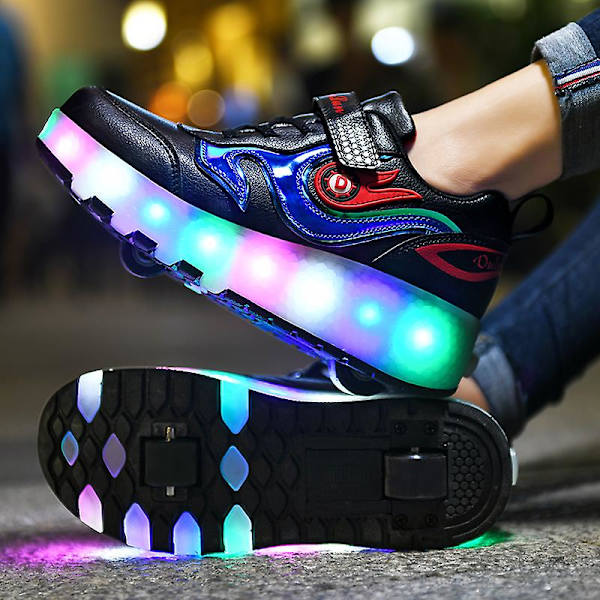 Barnsneakers Dubbelhjulsskor Pojkar Flickor Led Light Skor Fr916 Black1 30