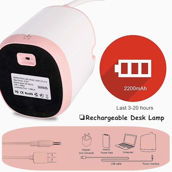 Led bordslampa med klocka, batteridriven bordslampa med pennhållare för barns sovsal (5,5w rosa)