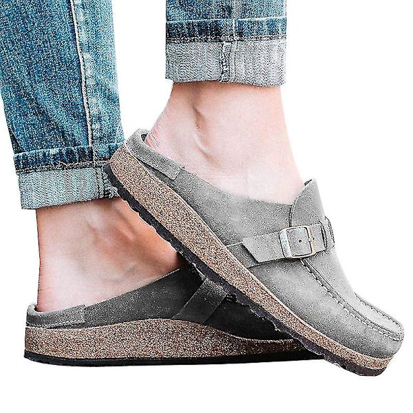 Kvinnor Slip On Buckle Loafers Tofflor Mocka Flat Pumps Sliders Skor Grey 41