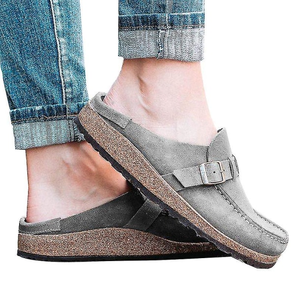 Kvinnor Slip On Buckle Loafers Tofflor Mocka Flat Pumps Sliders Skor Grey 42