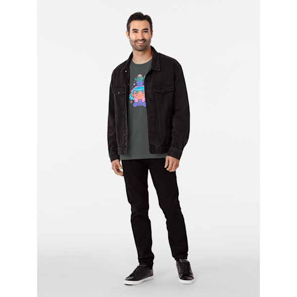 Söt och leende trädgårdsmästarflicka med kaktus och små växter kawaii Premium T-shirt Dark Grey XL_Front