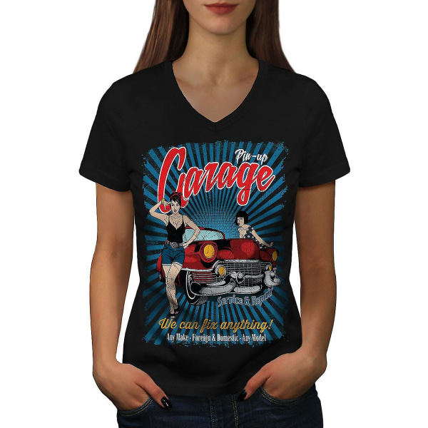 Pin Up Car Garage Dam T-shirt med svart v-hals 3XL