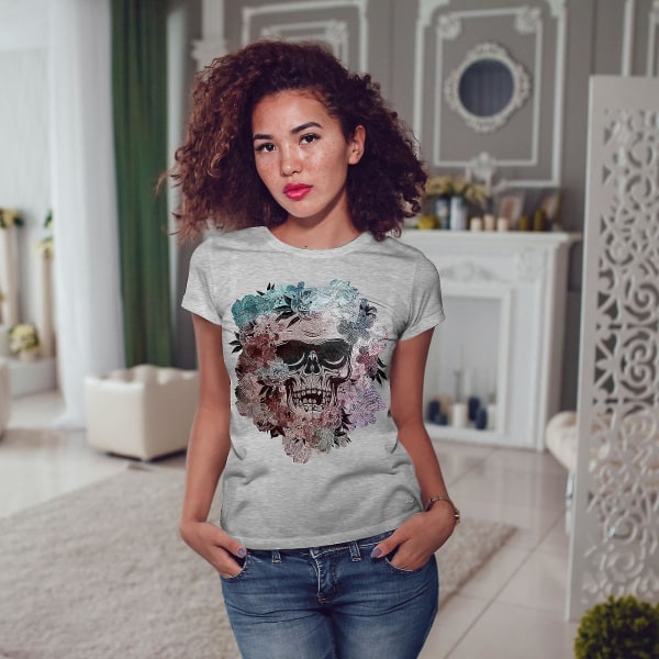 Skull Skeleton Flower T-shirt för kvinnor S