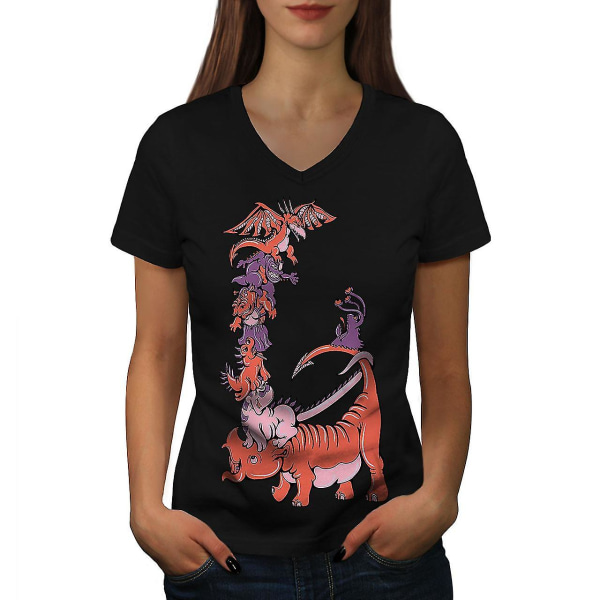 Tecknad Dragon Fantasy Women T-shirt med svart halsringning S