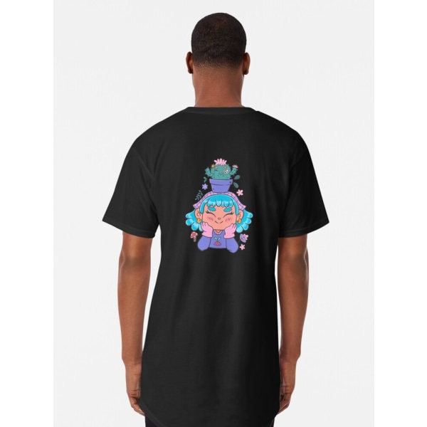 Söt och leende trädgårdsmästarflicka med kaktus och små växter kawaii lång t-shirt Black XL_Back