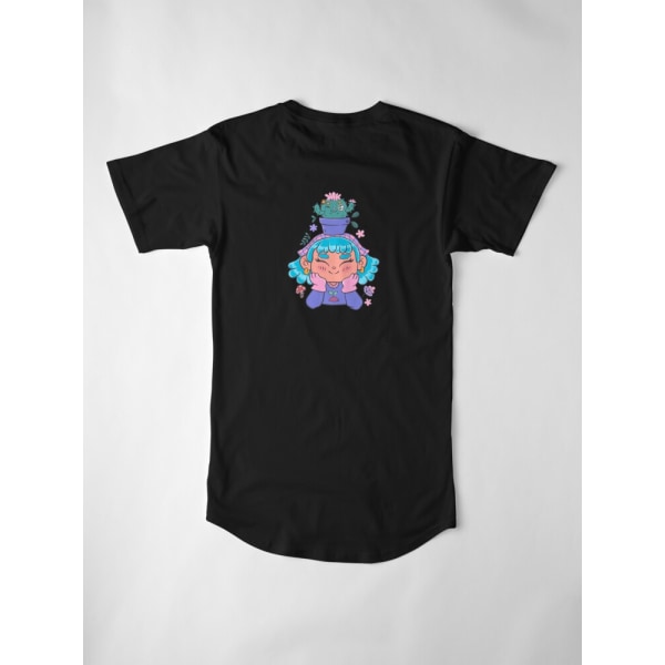 Söt och leende trädgårdsmästarflicka med kaktus och små växter kawaii lång t-shirt Black L_Back