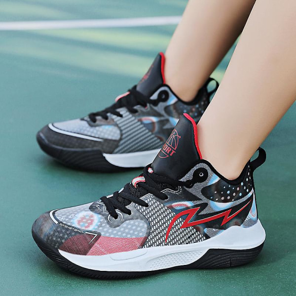 Barn Basketskor Mode Halkfria sneakers Andas Pojkar Flickor Sportskor N2281 BlackRed 32