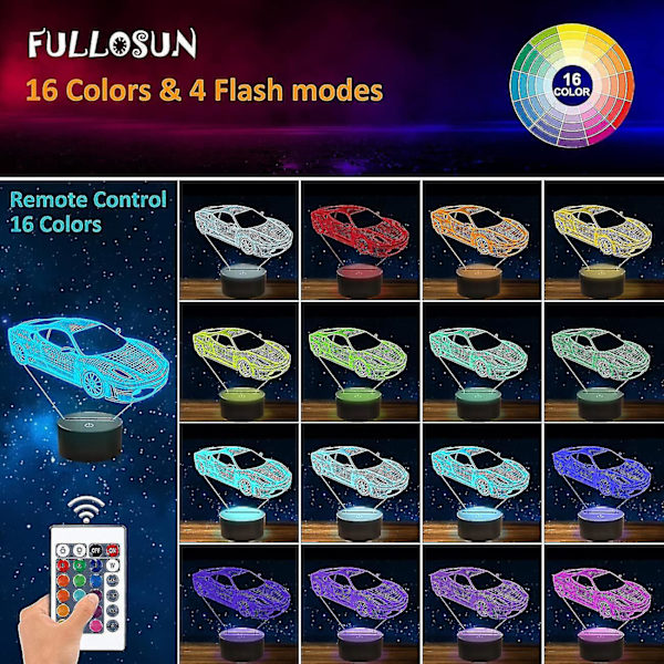 Bil 3D Night Light, Sports Racing Light med fjärrkontroll, 16 färgförändringar, (svart)