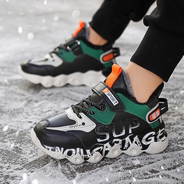 Barn Vintervarma Sneakers Flickor Pojkar Snow Outdoor löparskor X2021 BlackGreen 29