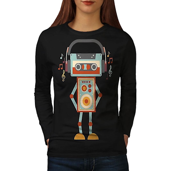 Söt robot kvinnor svart långärmad T-shirt M