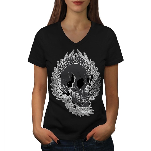 Rose Feather Dead Skull Women Blackv-neck T-shirt L