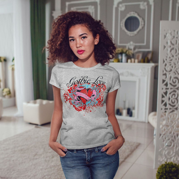 Gothic Love Heart Skull Women Greyt-shirt S