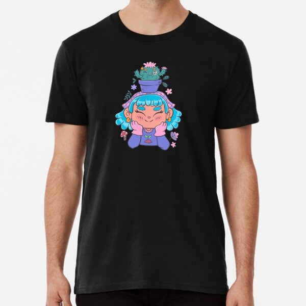 Söt och leende trädgårdsmästarflicka med kaktus och små växter kawaii Premium T-shirt Black XL_Front