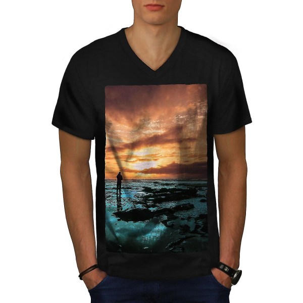 Fishing Sea Ocean Men Svart T-shirt med halsringning XL