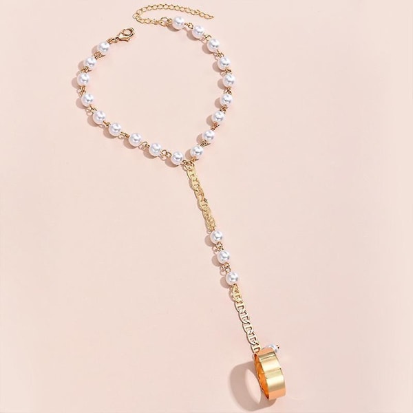 Guld Pearl Link Chain Armband ansluten Finger Ring för kvinnor Bohemia Heart Trendiga armband armband