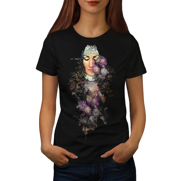 Färgglada blomma mode kvinnor Blackt-shirt XL