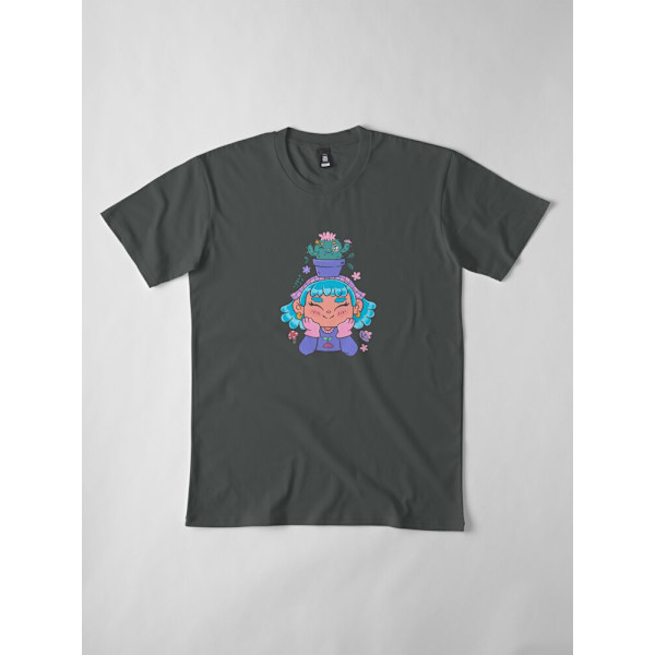 Söt och leende trädgårdsmästarflicka med kaktus och små växter kawaii Premium T-shirt Dark Grey M_Front