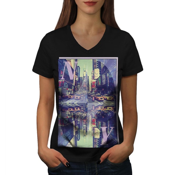 Square Time New York T-shirt med svart halsringning för kvinnor M