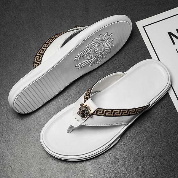 Herrflip-flops Läder Casual Sandaler Tofflor Mode Trend Strandskor 20223 White 41
