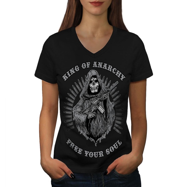 King Of Anarchy Skull Kvinnor Svart T-shirt med halsringning XXL