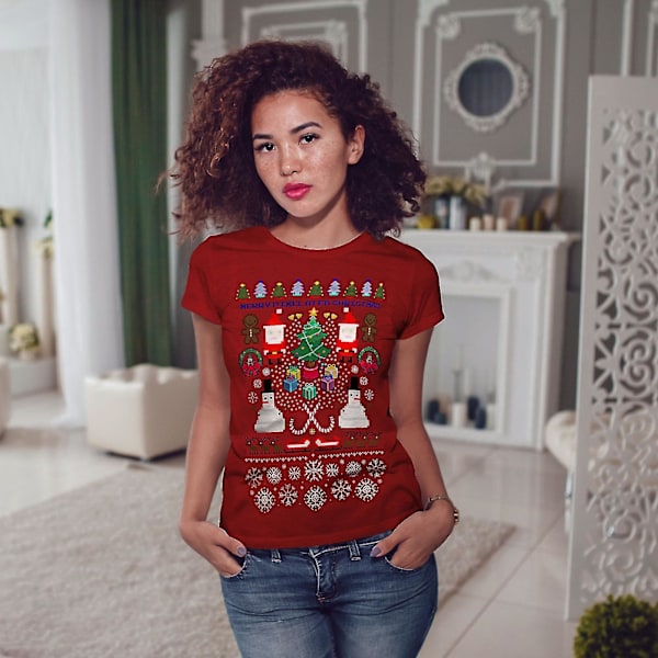 Santa Snowman Christmas Women Redt-shirt L