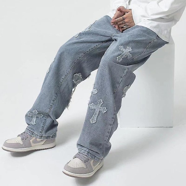 V-hanver Herr Streetwear Baggy Jeans Byxor Cross Hip Hop Herr Lösa Jeans Byxor Dam Oversized Boyfriend Jeans Denim Jeans L