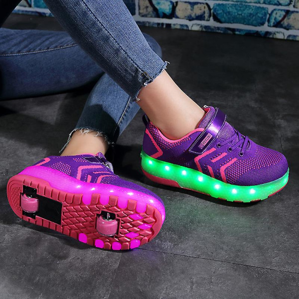 Barnsneakers Dubbelhjulsskor Led Light Skor för flickor 2101 Purple 29