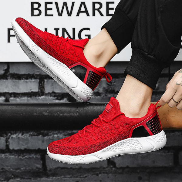 Sneakers för flugvävning för män Andas löparskor Mode sportskor 3A1011 Red 44