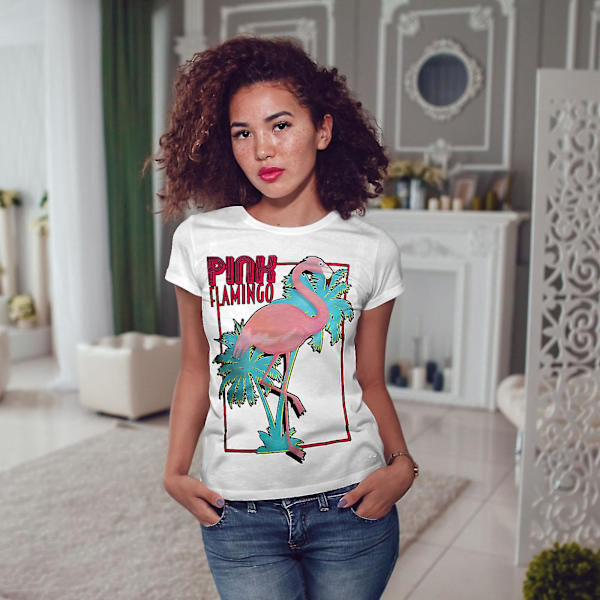 Rosa Flamingo Island T-shirt för kvinnor L
