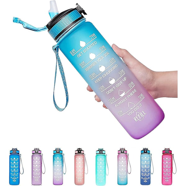 32oz läckagesäker Bpa-fri dricksvattenflaska med tidsmarkör och halm Ombre-Green Purple