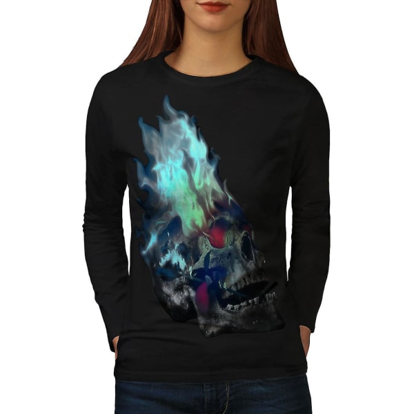 Flaming Metal Rock Skull Women Blacklong Sleeve T-shirt XL