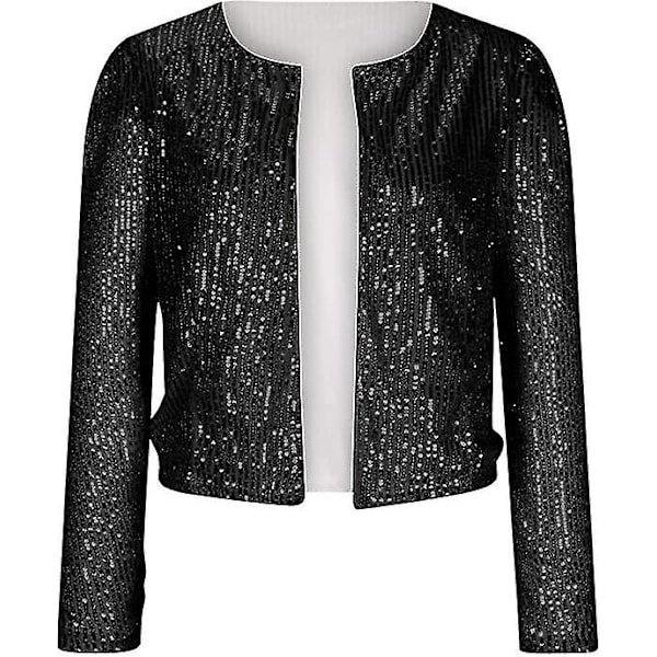 Kvinnor Paljettkavaj Öppen Front Jacka Party Christmas Puff Sleeve Sparkly Coats Black L