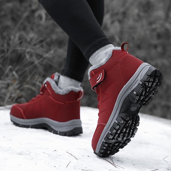 Vinter Kvinnor Män Stövlar Plysch Läder Vattentäta Sneakers Klättring Jaktskor Unisex snörning utomhus Varm vandringskänga Man Red 35