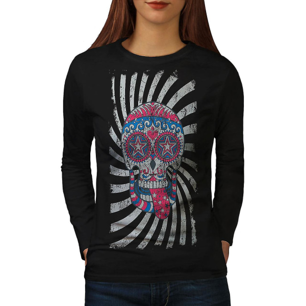 Spiral Crazy Skull Women Blacklong Sleeve T-shirt | Wellcoda L