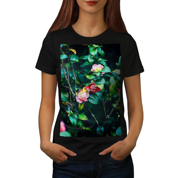 Vit rosa blomma svart t-shirt för kvinnor XL