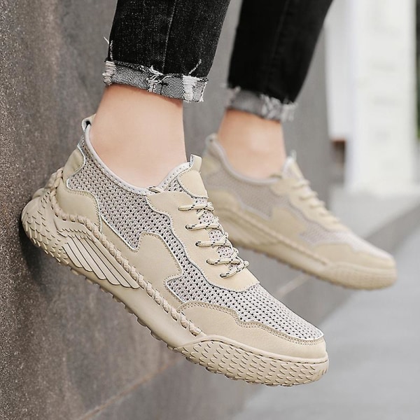Promenadskor för män Andas Flying Woven Mesh joggingskor Halkfria sneakers 3C9903 Beige 41