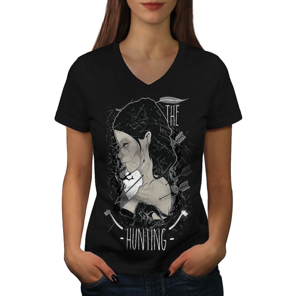 Hunt Girl Sexig Fantasy Dam T-shirt med svart v-ringad hals XL