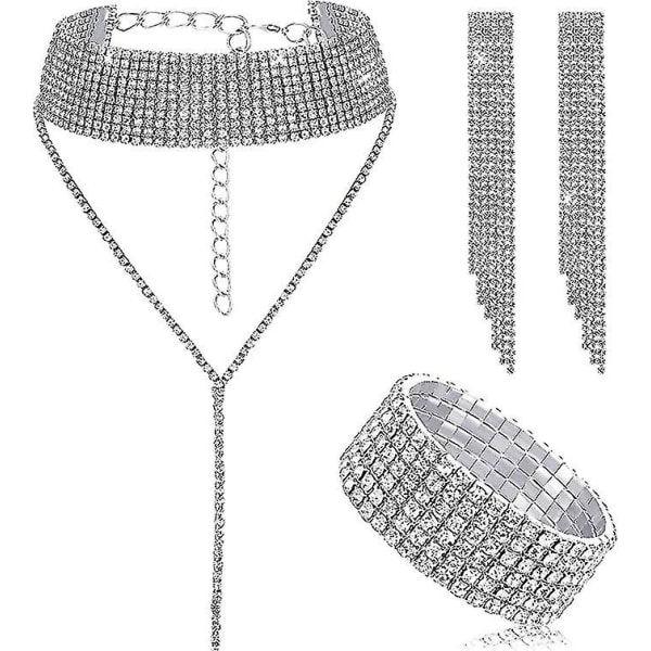 3 delar Dam strass set strass tofs choker halsband fransarmband kristall dinglande örhänge för bröllop Bröllopsfest Silver
