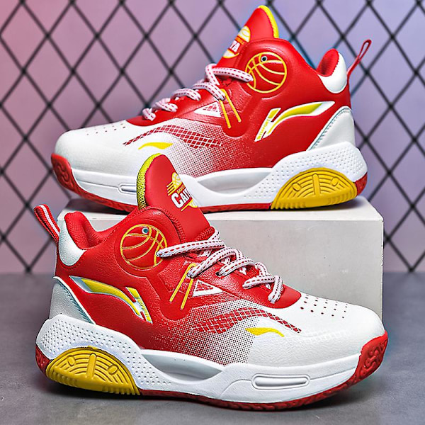 Basketskor för barn Mode Pojkar Flickor Sneakers Andas Sportskor 2210 WhiteRed 32