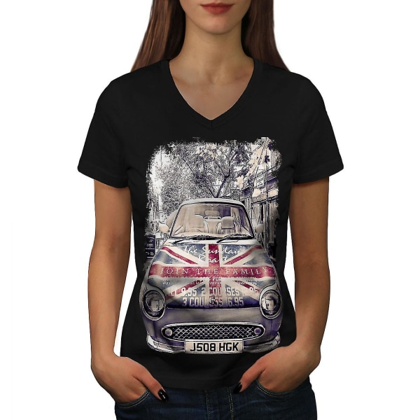 Storbritannien Vintage Dam T-shirt med svart v-ringad hals S