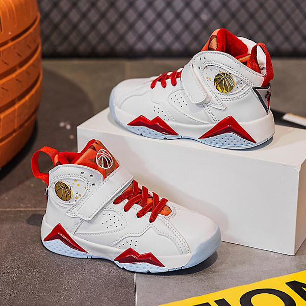 Barnbasketskor Mjuka halkfria Sneakers Löparskor F7126 WhiteRed 34