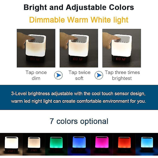 Bluetooth högtalarljus, 5-i-1 färgskiftande touch, RGB-dimbar digital väckarklocka, (vit)