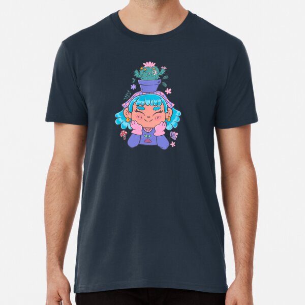 Söt och leende trädgårdsmästarflicka med kaktus och små växter kawaii Premium T-shirt Navy M_Front