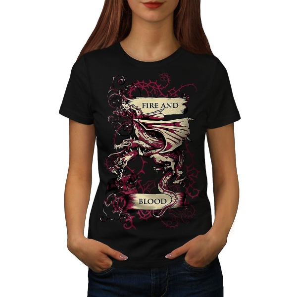 Fire And Blood Fantasy Women Blackt-shirt | Wellcoda XL